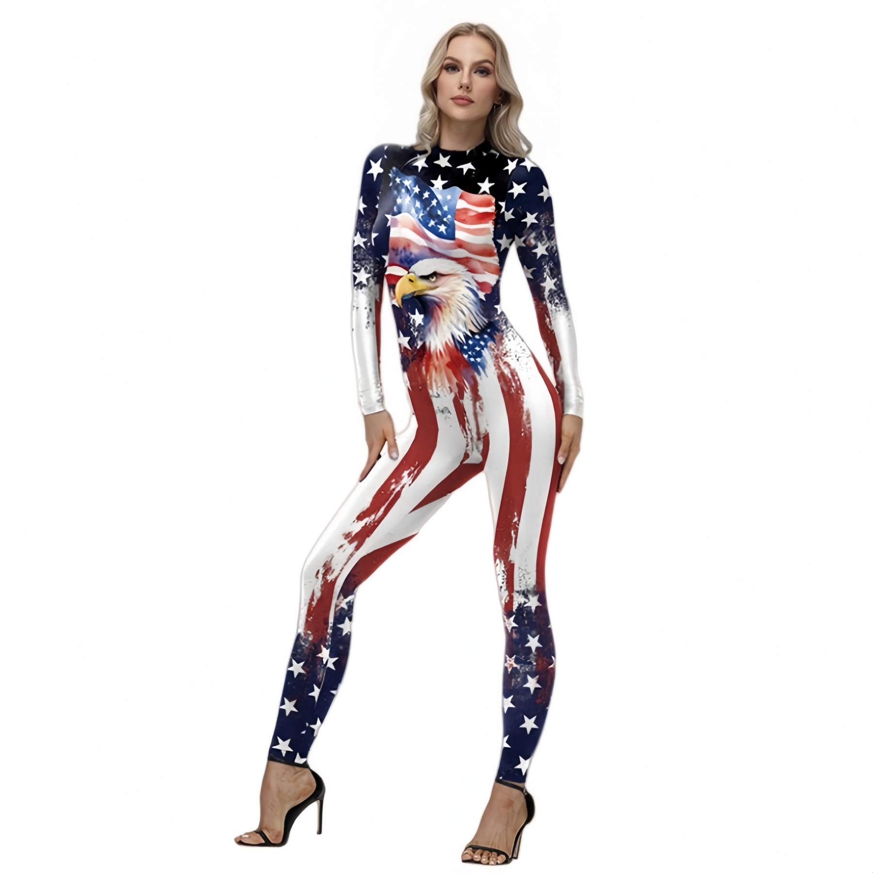 Independence Day Skinny Bodysuit - American Flag Eagle Print Jumpsuit